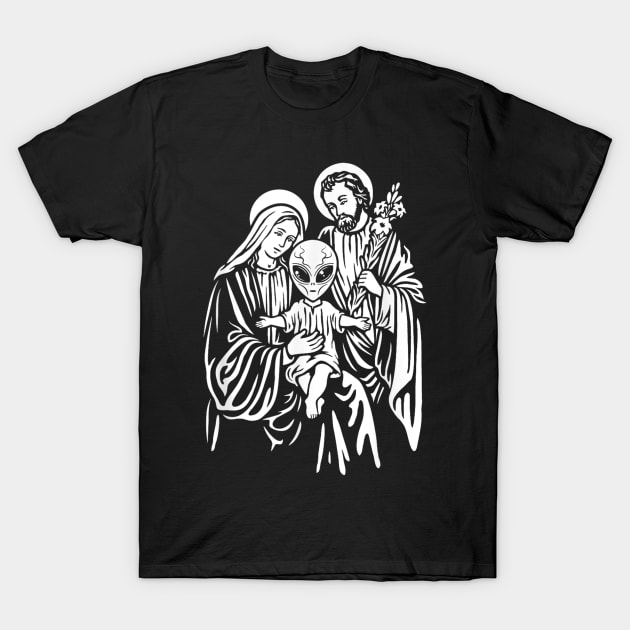 Alien Baby Jesus, Mary And Joseph Attend Pagan Atheist Party T-Shirt by irelandefelder